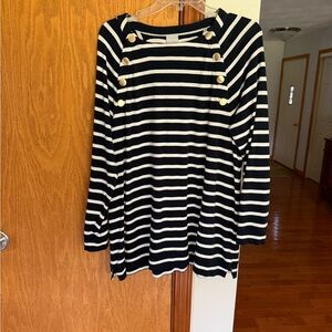 Chico's navy and White Striped Top with Gold Buttons